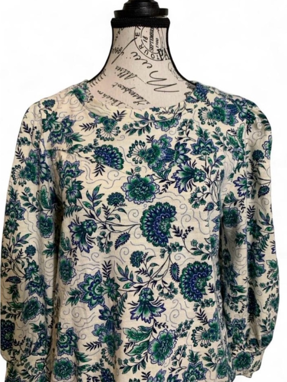 LOFT 100% Cotton Floral Print Knit Long Sleeve Crew Neck Pullover Blouse Sz M - Picture 3 of 8
